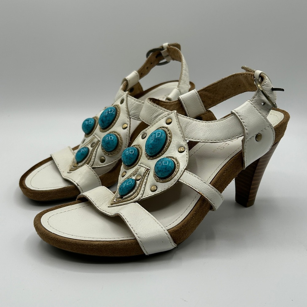 Aerosoles Grand Jewel White Leather Turquoise Stone Heeled Sandals Women 6M Boho
